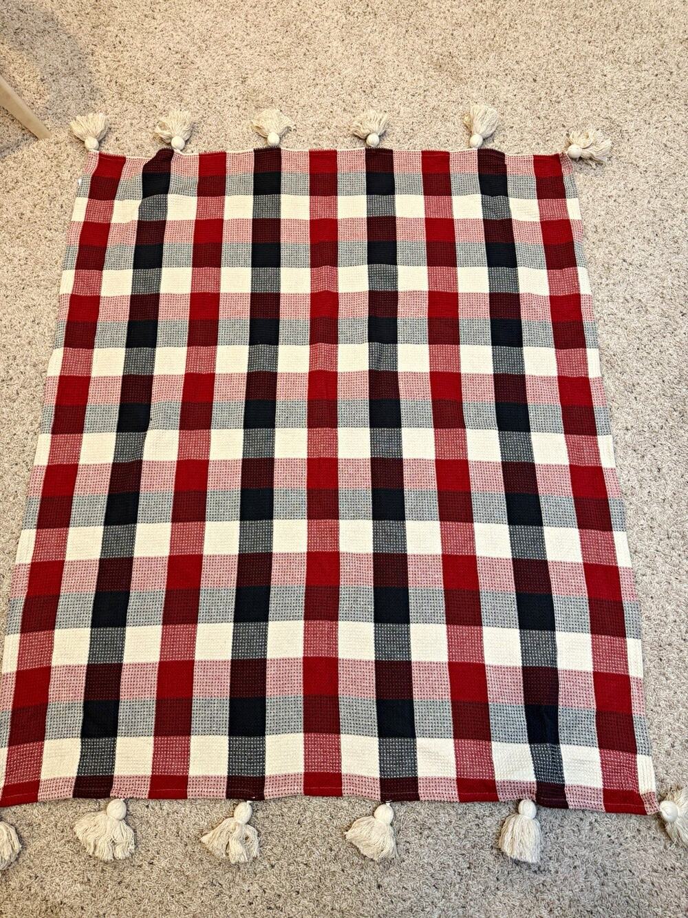 Red White Blue Plaid Cotton Throw Blanket Fringed Tassels 48 x 70 Machine Wash